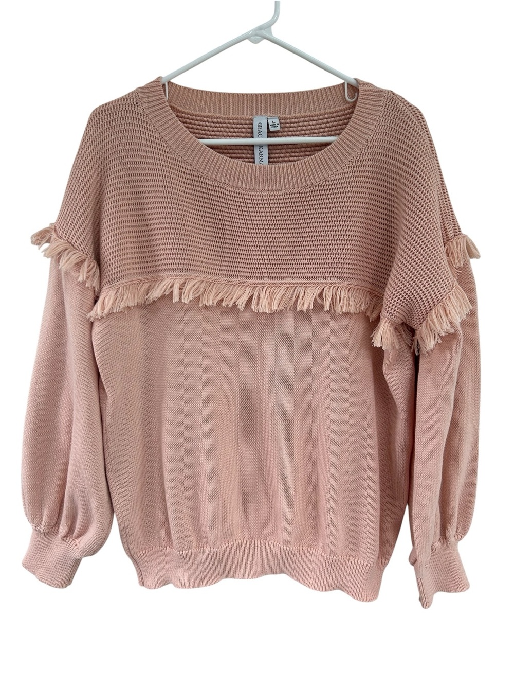 GRACE + KARMA Peachy Pink Fringe Crewneck Balloon Sleeve NEW Sweater L